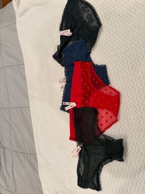 Victoria's Secret Red, Navy & Black Lace & Mesh Panty Set